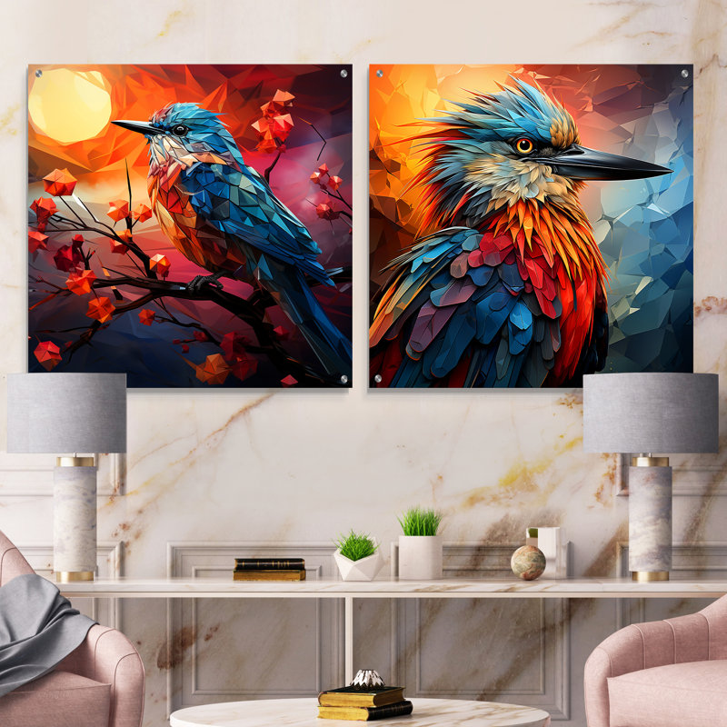 Bird Cubist Skies - Bird Acrylic Wall Art Glass Set Of 2, 30" H x 61" W