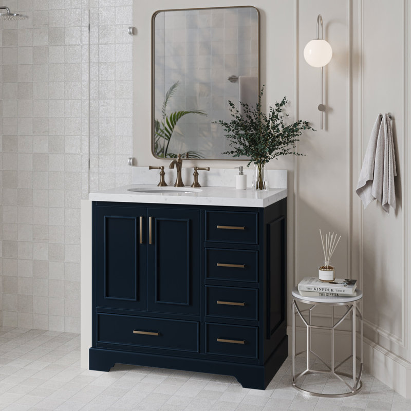 Ensemble de meuble-lavabo simple 36,25 po avec plateau en quartz Abshire, Bleu minuit