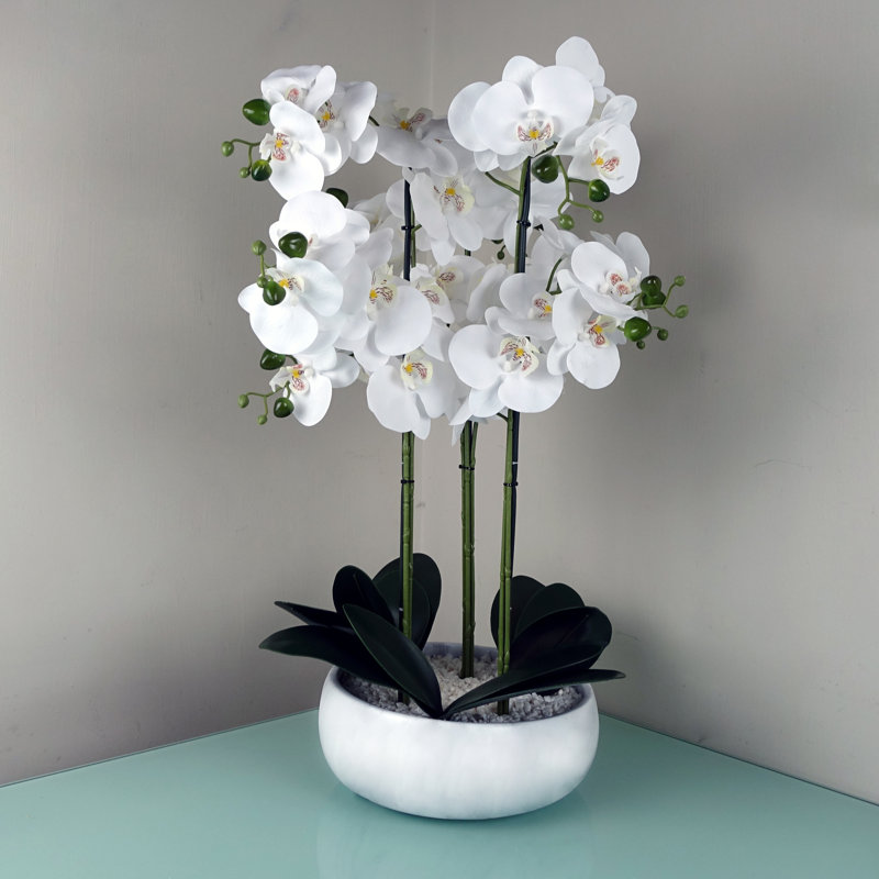 Plastic, Silk Artificial Arrangement in Planter, White
