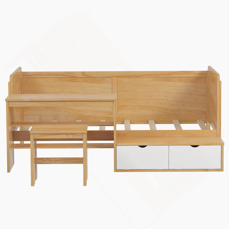 Lit de jour simple en bois avec tablettes de rangement et casiers, lit multifonctionnel avec bureau d'étude