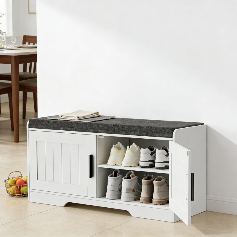Banc de rangement à 2 niveaux avec siège rembourré, banc à chaussures d'entrée avec tablette réglable et 2 portes pour l'organisation du salon, de la chambre à coucher et du couloir