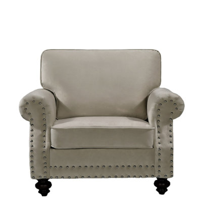 Classic Nailhead Trim Velvet Accent Chair with Solid Wood Turned Legs, Traditional Upholstered Armchair for Living Room