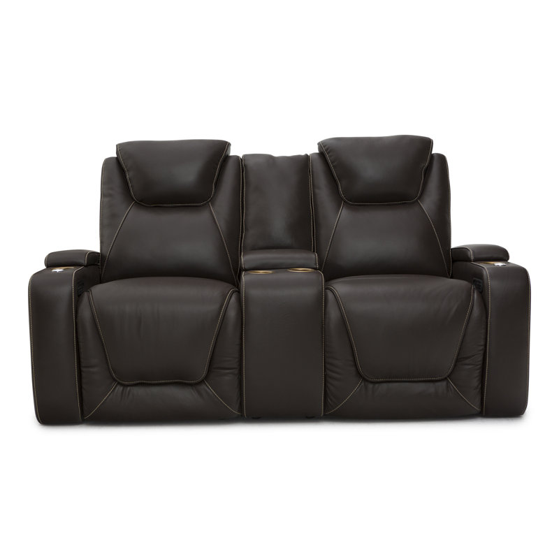 Causeuse de cinéma inclinable électrique en cuir véritable de 75 po de largeur avec porte-gobelet, Cuir véritable brun