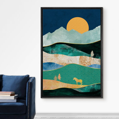 Signe, reproduction d'art sur toile encadrée, paysage de désert vert et doré avec cheval, art numérique abstrait, art moderne, sud-ouest coloré pour le salon, la chambre à coucher, le bureau