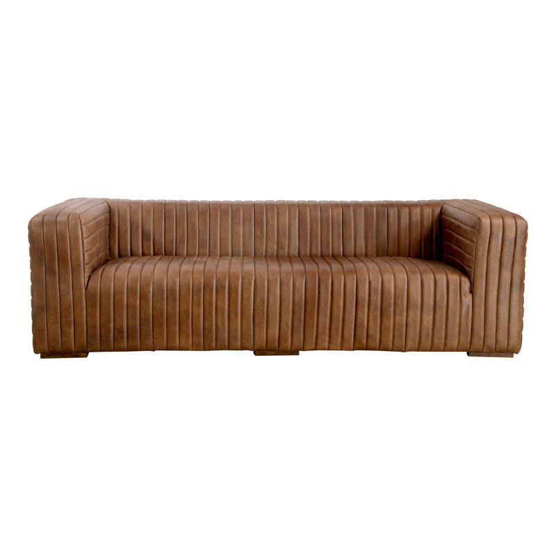Castle 95" Genuine Leather Square Arm Chesterfield Sofa, Cappuccino Genuine Leather