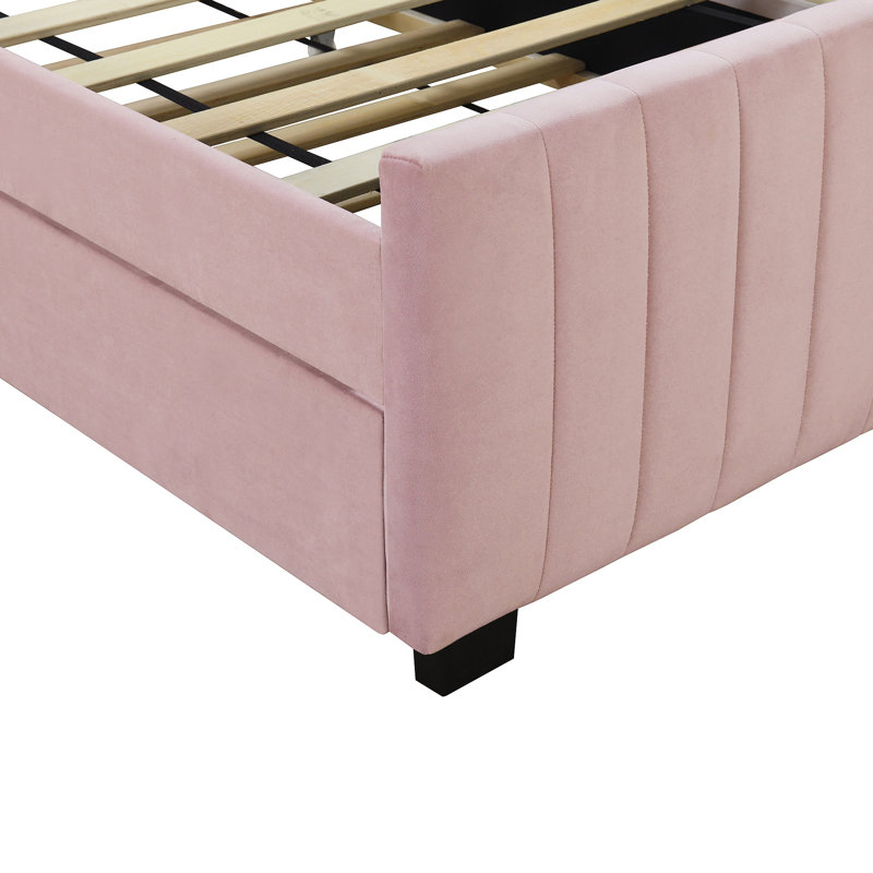 Lit plateforme tapissier en velours avec lit gigogne, Lit simple, Rose