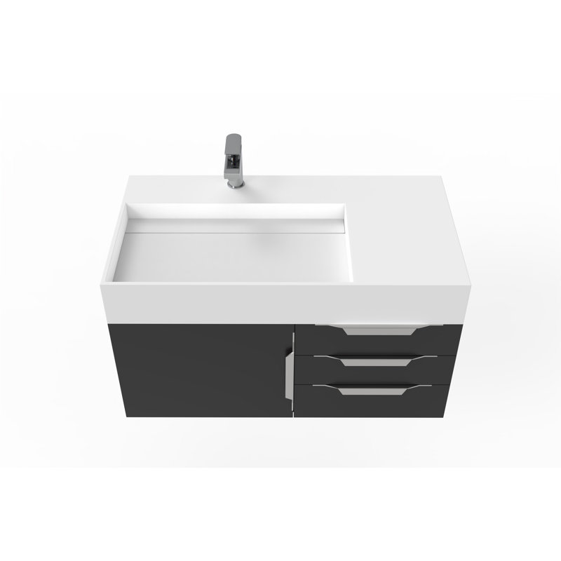 Ensemble de meuble-lavabo mural simple 36 po Bassi, Blanc, Noir, Nickel brossé