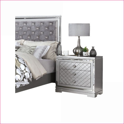 Silver Glam Nightstand with USB Charger &amp; Hidden Jewellery Drawer