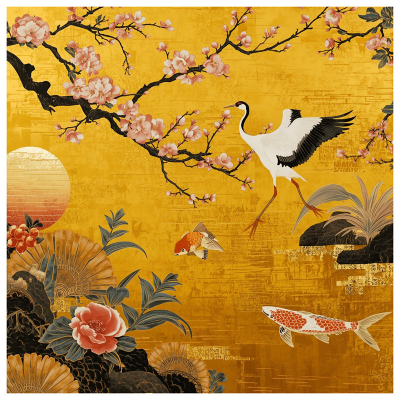 Cherry Blossom Crane Koi Comforter, King