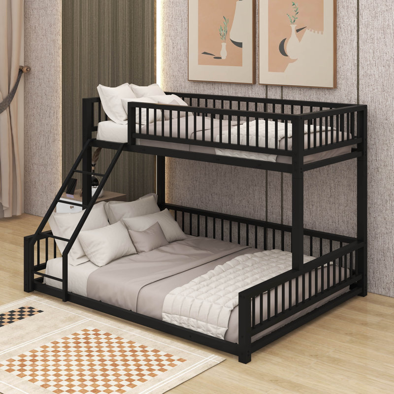 Twin XL Over Queen Floor Bunk Bed With Ladder & Guardrails, Black
