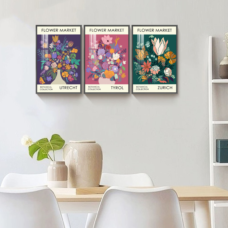 " Botanical Art " 3 - Pieces, 16" H x 36" W x 1" D, Black