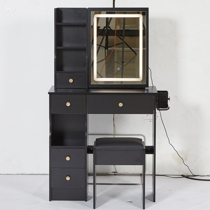 Compact 29.2 Inch Vanity Table With Sliding LED Mirror, Built-In Power Station, And Padded Stool For Small Spaces, Black