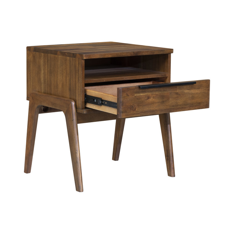 Mid-Century Modern Acacia Wood Nightstand with Black Handle