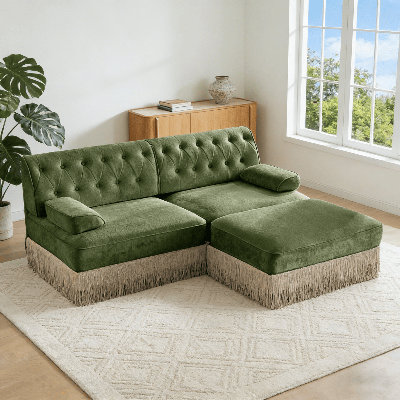 Canapé Chesterfield en L en velours avec jupe à pampilles - respirant et confortable, accoudoirs carrés légèrement incurvés, base en bois massif, conception modulaire pour le salon ou la chambre à coucher - Assemblage facile