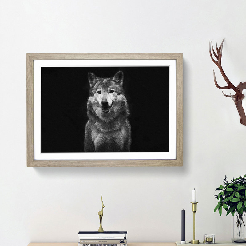 Wolf Portrait - Picture Frame Painting Print, 27cm H x 36cm W x 2cm D, Oak Framed