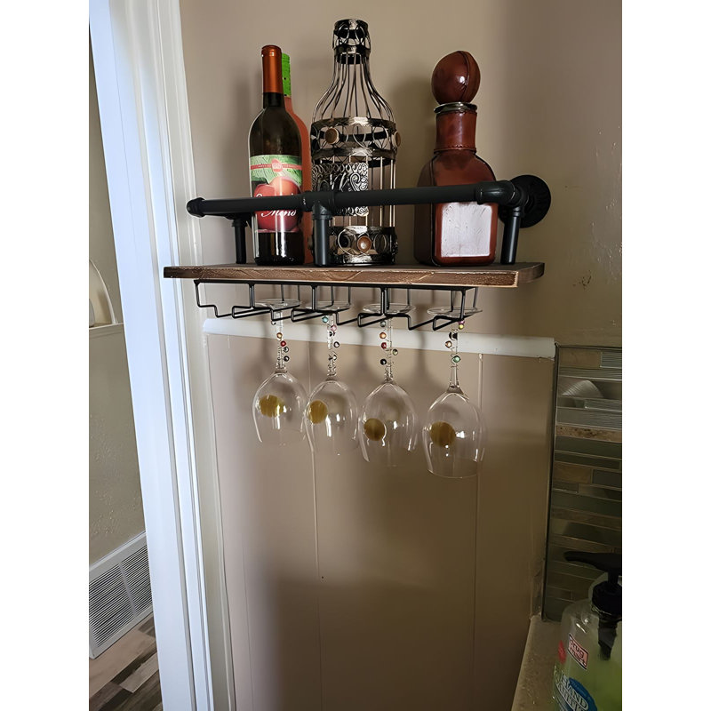 Wall Mounted Wine Rack Wooden Rustic Wine Bottle Glass Floating Shelf With Stemware Holder Modern Plant Photo Wine Display Storage Rack For Kitchen Dining Room Bar
