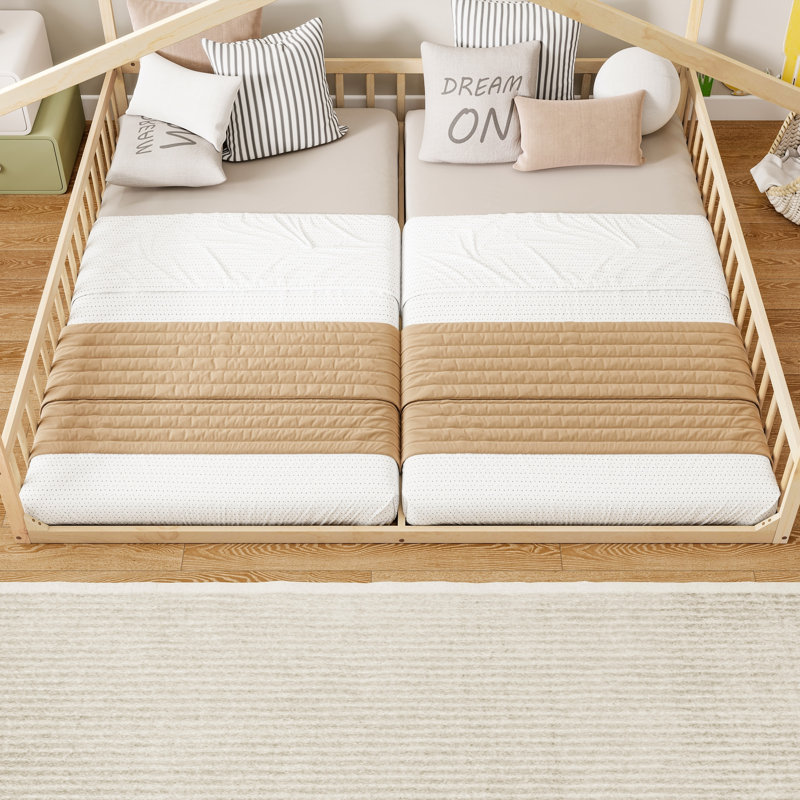 Lit simple double en forme de maison avec garde-corps de sécurité, sans porte, Naturel