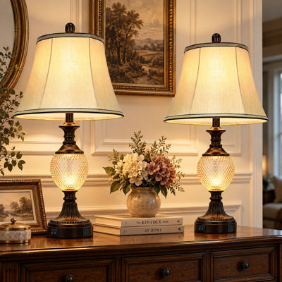 27.5" French Country Table Lamp Set with Amber Glass Night Light, USB-A & USB-C Ports, Traditional Bedside Lamps with LED Bulbs