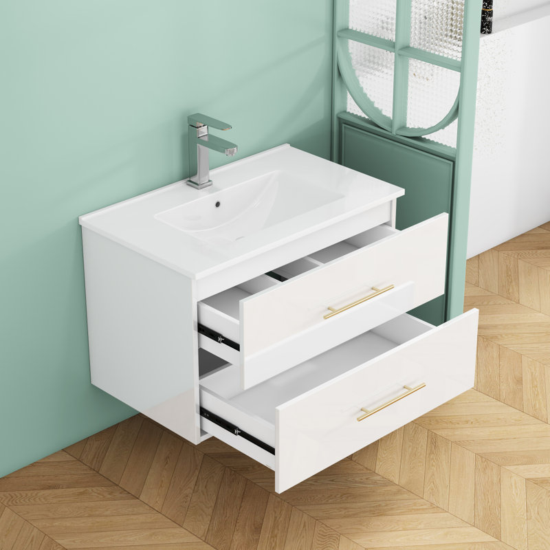 Meuble-lavabo mural de 30 pouces avec lavabo en céramique intégré et tiroirs doubles au fini blanc brillant, peu encombrant pour les salles de bain et les salles d'eau modernes