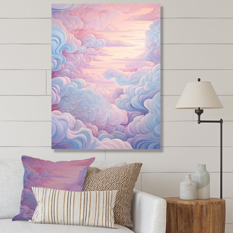 Paysage kawaii en rose doux sur toile, H 32 po x l 16 po x P 1 po, Toile tendue
