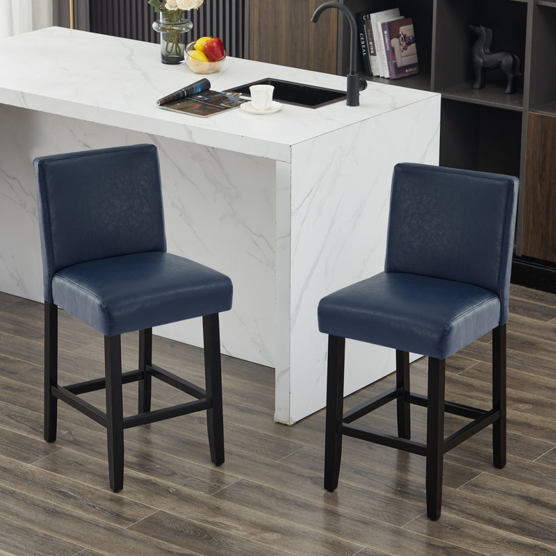 Tabouret de comptoir rembourré de 26 po avec structure en bois massif, Bleu / similicuir, 1