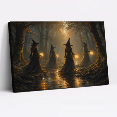 Quatre sorcières tenant des orbes brillants dans une forêt d'Halloween, art mural sur toile