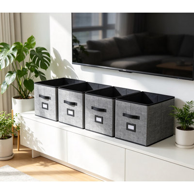 Ensemble de 4 pièces de boîte de rangement pliable surdimensionnée avec porte-étiquette et boîte de rangement en tissu avec poignée en cuir, convenant aux garde-robes, garderies, bureaux, noir