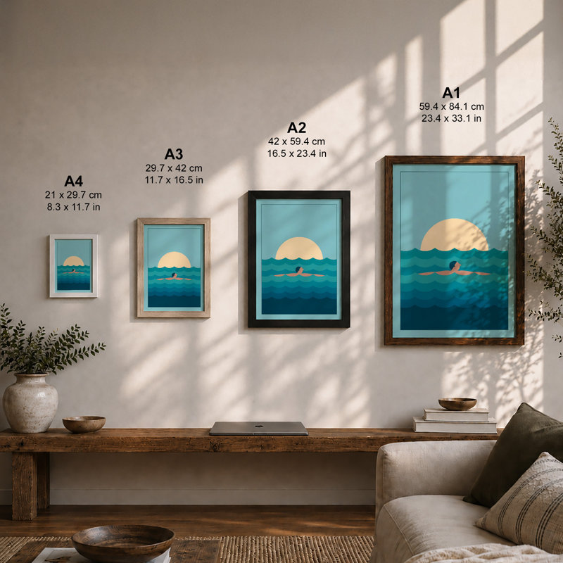 Swimmer In Blue Tides Coastal - Print, Unframed, A4 - 29.7 x 21.0 cm