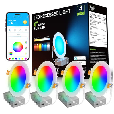 4 Pack Smart Led Recessed Lighting 6 Inch Ultra-thin Wifi Canless Downlight, Alexa Google Assistant Compatible, Etl