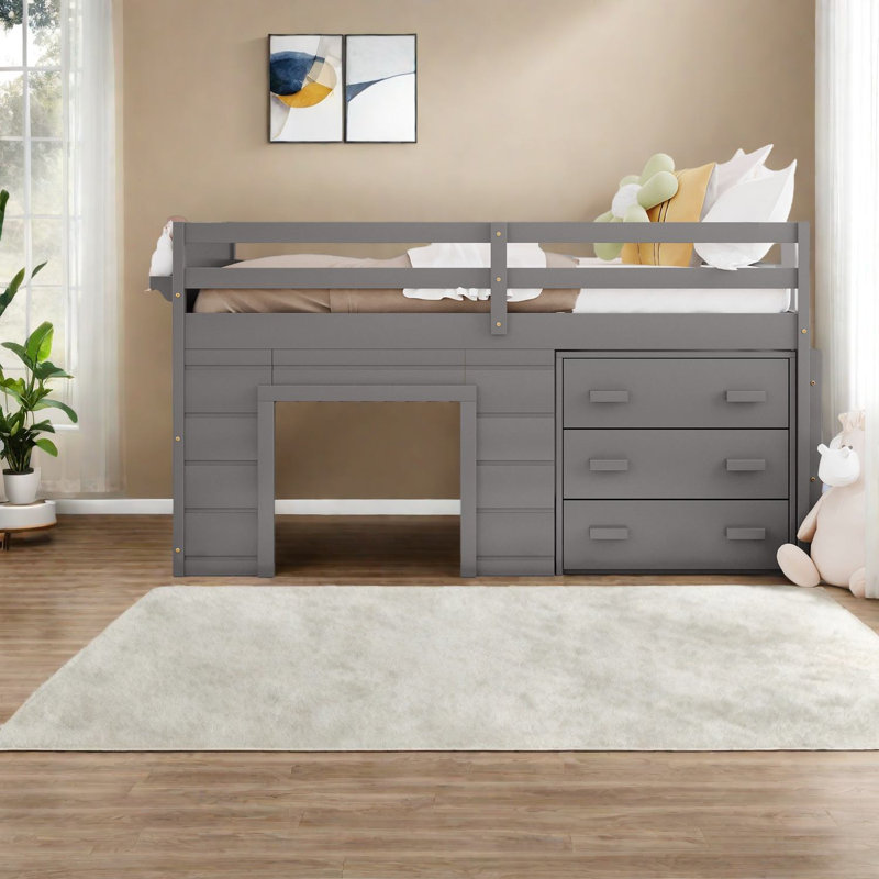Lit mezzanine simple peu encombrant, fabrication en bois massif, style gris moderne pour un usage familial