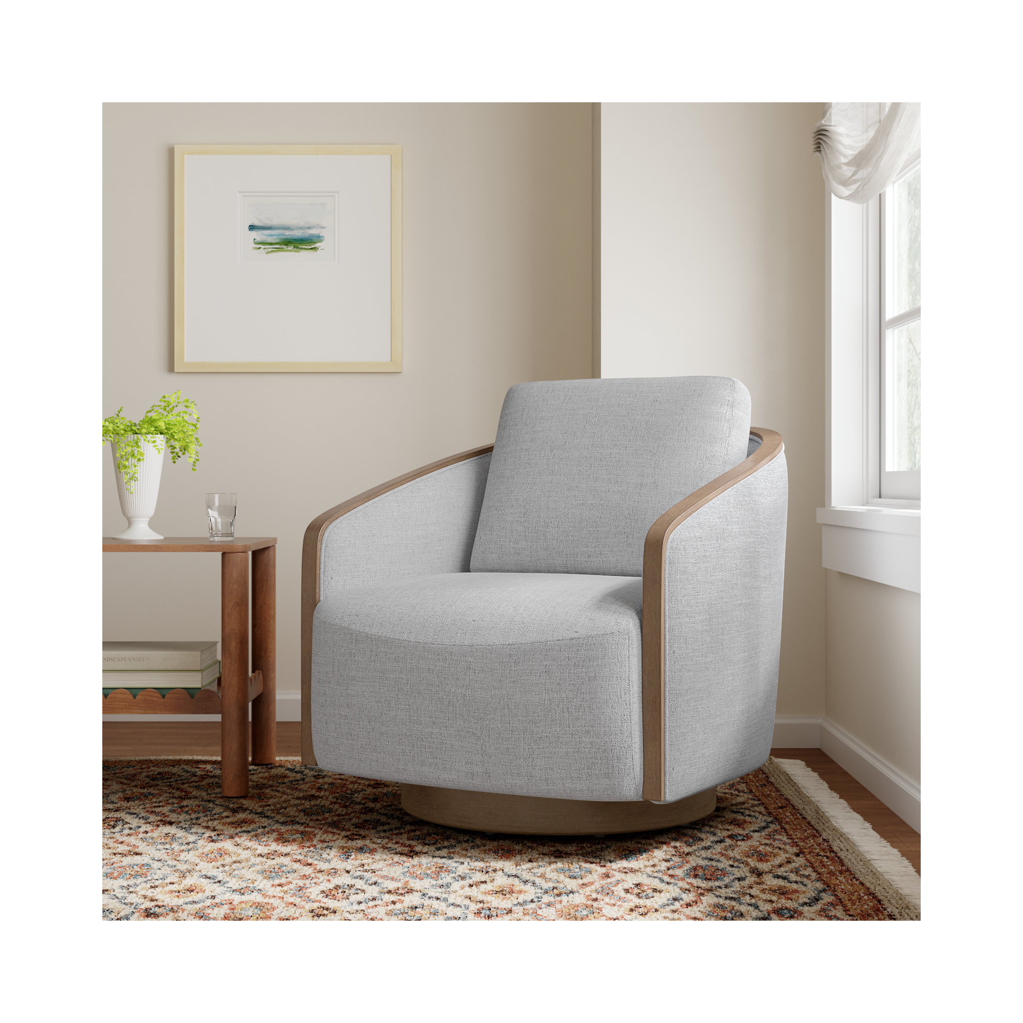 Nieve Upholstered Swivel Barrel Chair, Gray Heathered