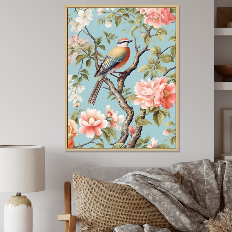 Chinoiserie, oiseaux et pivoines II, H 44 po x l 34 po x P 1,5 po, Cadre naturel flottant
