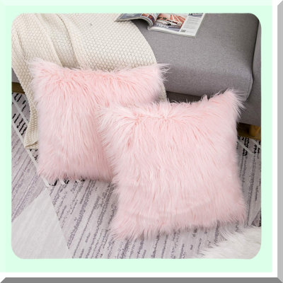 Pink Merino Fluffy Love Pillow Covers - Set of 2 | Luxury Valentine's Day Decorative Throw Cushion Cases | Square Fuzzy Blush