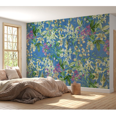 Murale botanique pelez et collez Christopher - Bleu jardin printanier