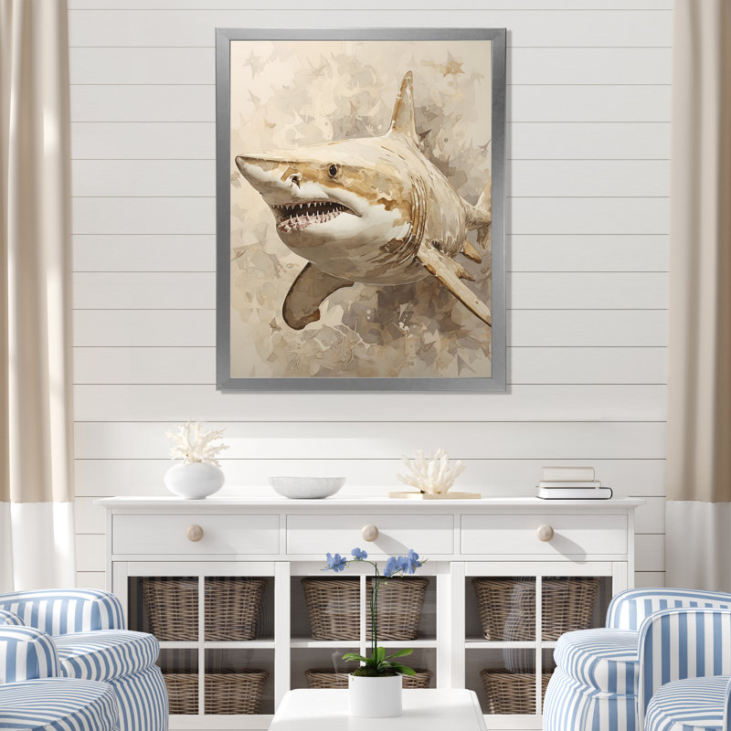 Peinture de requin minimalisme en beige doré III sur toile, Cadre simple argenté, H 20 po x l 12 po x P 1 po