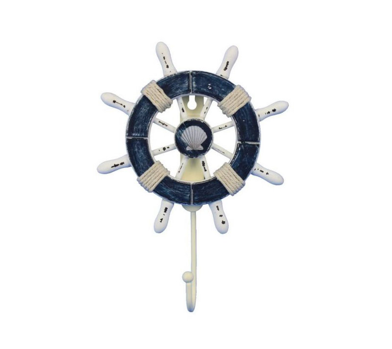 Roue d’expédition décorative 8" avec décoration murale coquillage et crochet, Bleu foncé