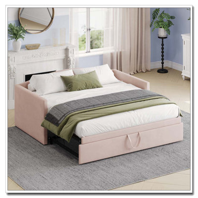 Daybed With Extended Pop Up Trundle, Upholstered Sofa Bed Daybed, by Red Barrel Studio