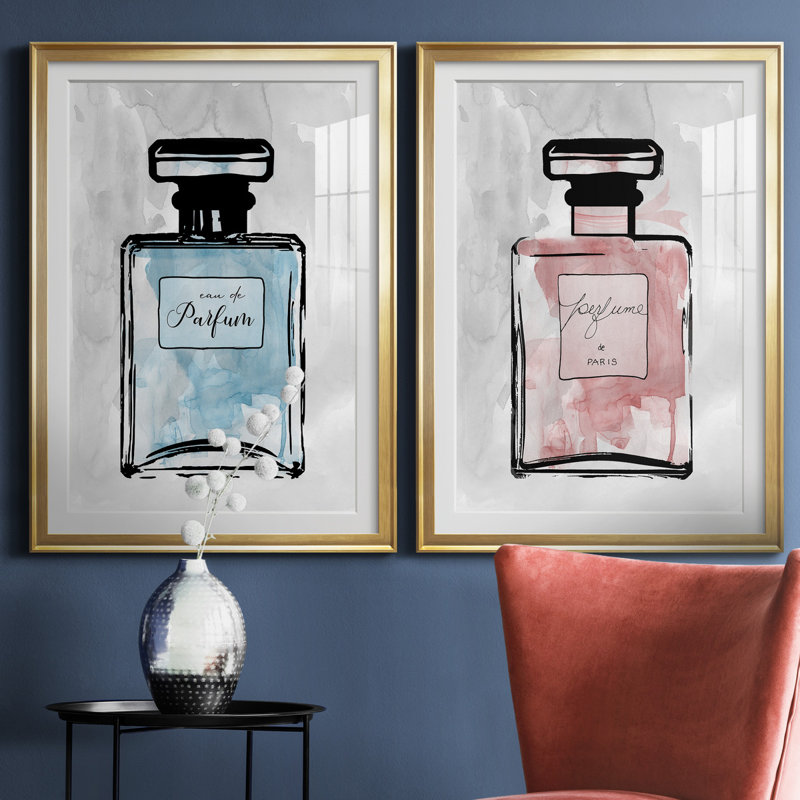 «Blue Wash Perfume», ensemble de 2 reproductions d'art, Blanc, H 26,5 po x l 73 po x P 1,5 po, Papier encadré doré