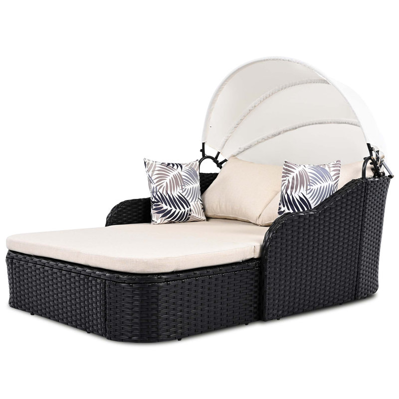 79.9" Outdoor Sunbed With Adjustable Canopy, Double Lounge, PE Rattan Daybed, Wicker And Cushion, Beige, Black