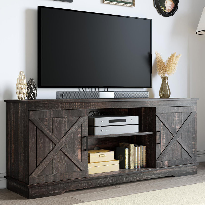 Farmhouse Entertainment Center Rustic Cabinet Media Console Table TV Stand With Double Barn Doors And Storage Cabinets For 65 Inch TV For Living Room