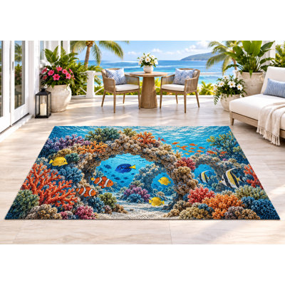 Tapis d'extérieur 152 x 213 cm (5' x 7') à motif récif corallien tropical, épais, imperméable, en PVC bouclé, résistant et à séchage rapide, idéal pour terrasse, balcon, VR et autres espaces extérieurs.