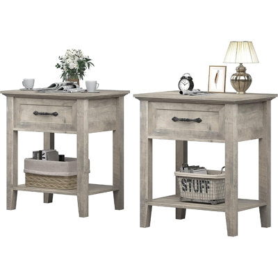 Ensemble de 2 tables de chevet grises avec tiroir de rangement et tablette ouverte, tables de bout de style campagnard et tables de chevet modernes