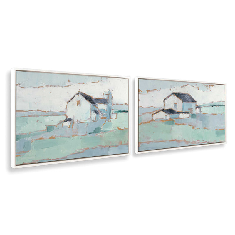 Farmhouse on Open Fields Set of 2, 25" H x 74" W, Opaque White Floater Framed
