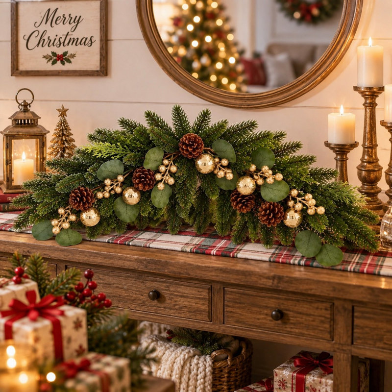 27.5" Christmas Evergreen Swag with Pine Cones, Golden Berries and Red Ornaments