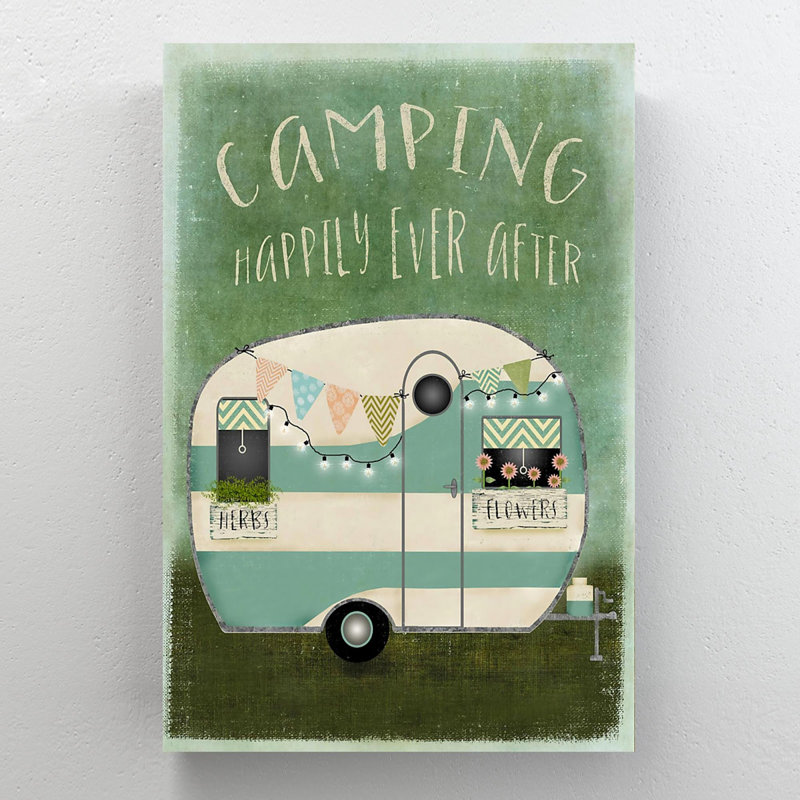 «Camping Van With Flowers - Camping Happily Ever After», reproduction d'art graphique sur toile tendue 1 pièce