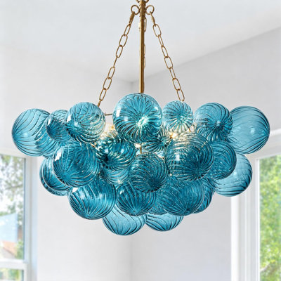  6-Light Brass Chandelier With Gradient Blue Twisted Glass, 25 Inch Mid-Century Bubble Ceiling Light