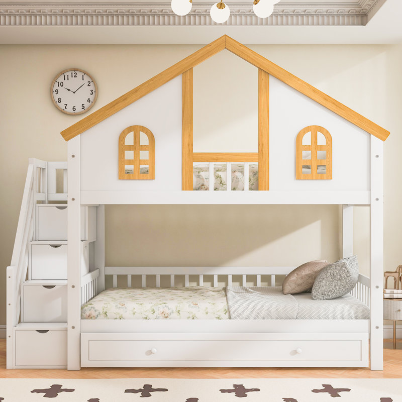 Twin Size Wooden House Roof Bunk Bed with Window Door and Roof,Storage Staircase and Trundle,White+Natural, Twin