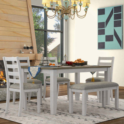 Rustic Style 6-Piece Dining Room Table Set with 4 Upholstered Chairs & a Bench