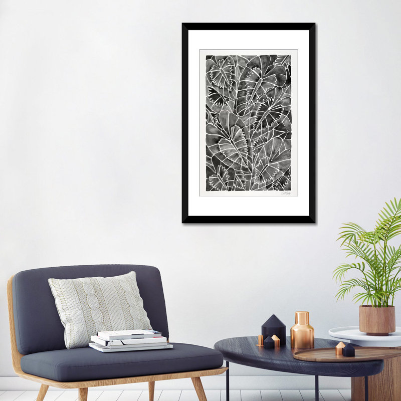 Strickler noir Schismatoglottis Calyptrata, H 32 po x l 24 po x P 1 po, Papier d'art encadré noir, Blanc