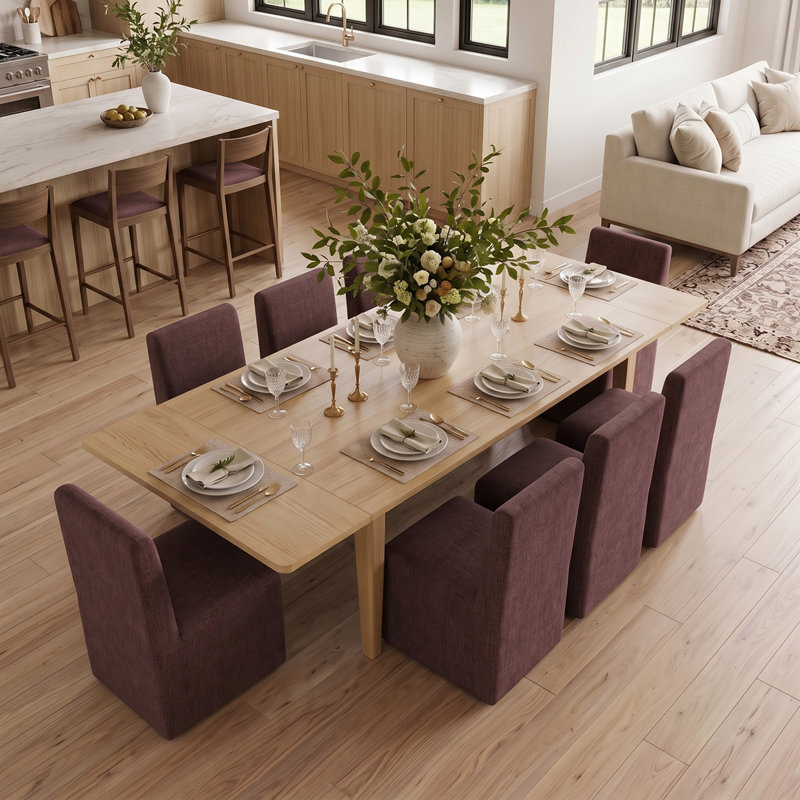 Ensemble de table de salle à manger extensible 72 "à 104" avec table en placage de bois véritable et chaises en mélange de lin